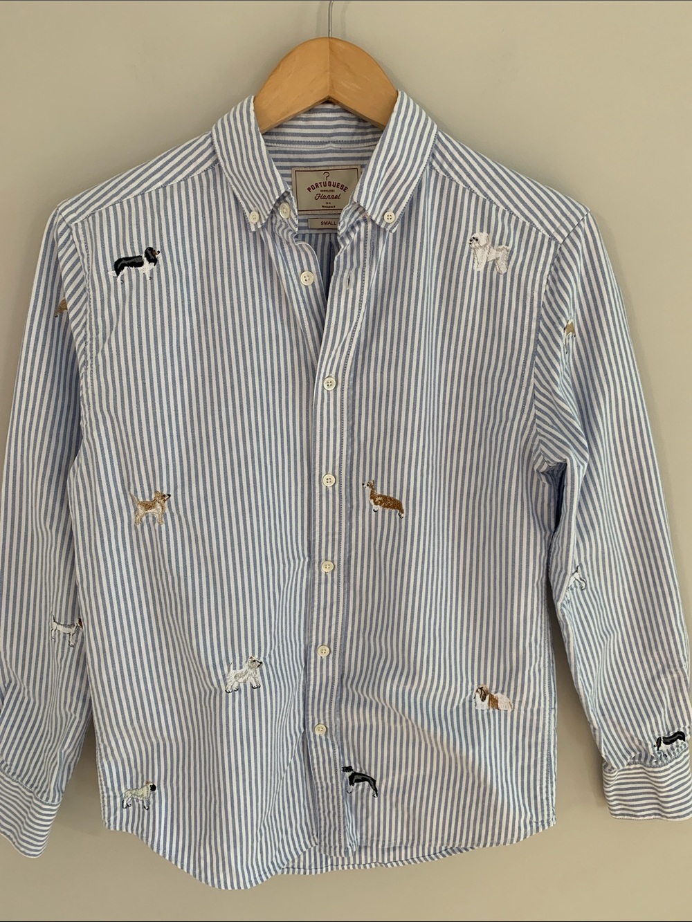 Portuguese Flannel Dogs Oxford Shirt Blue Stripe Size Small Embroidered Novelty